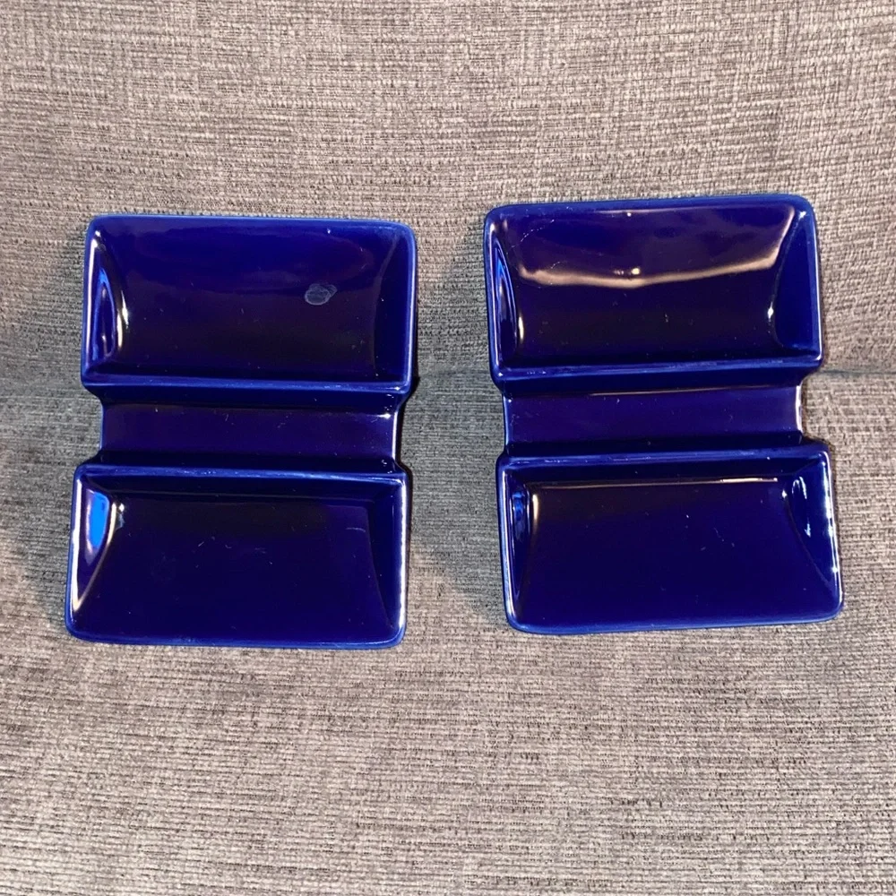 2 Crate & Barrel Cobalt Blue Ceramic Sushi Dipping Plates with Chopstick Rest